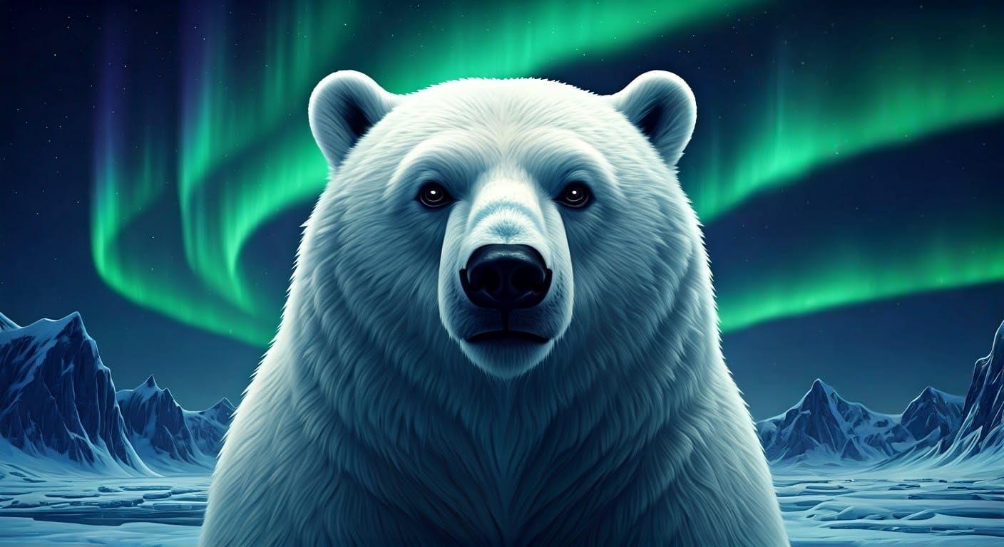 Adorable Polar Bear with Aurora Borealis, Hyperrealistic Art