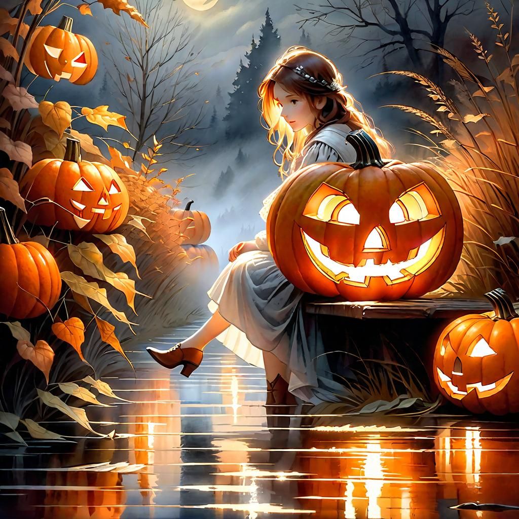 Autumnal Girl with Jack-o'-Lantern in Dreamy Aquarelle