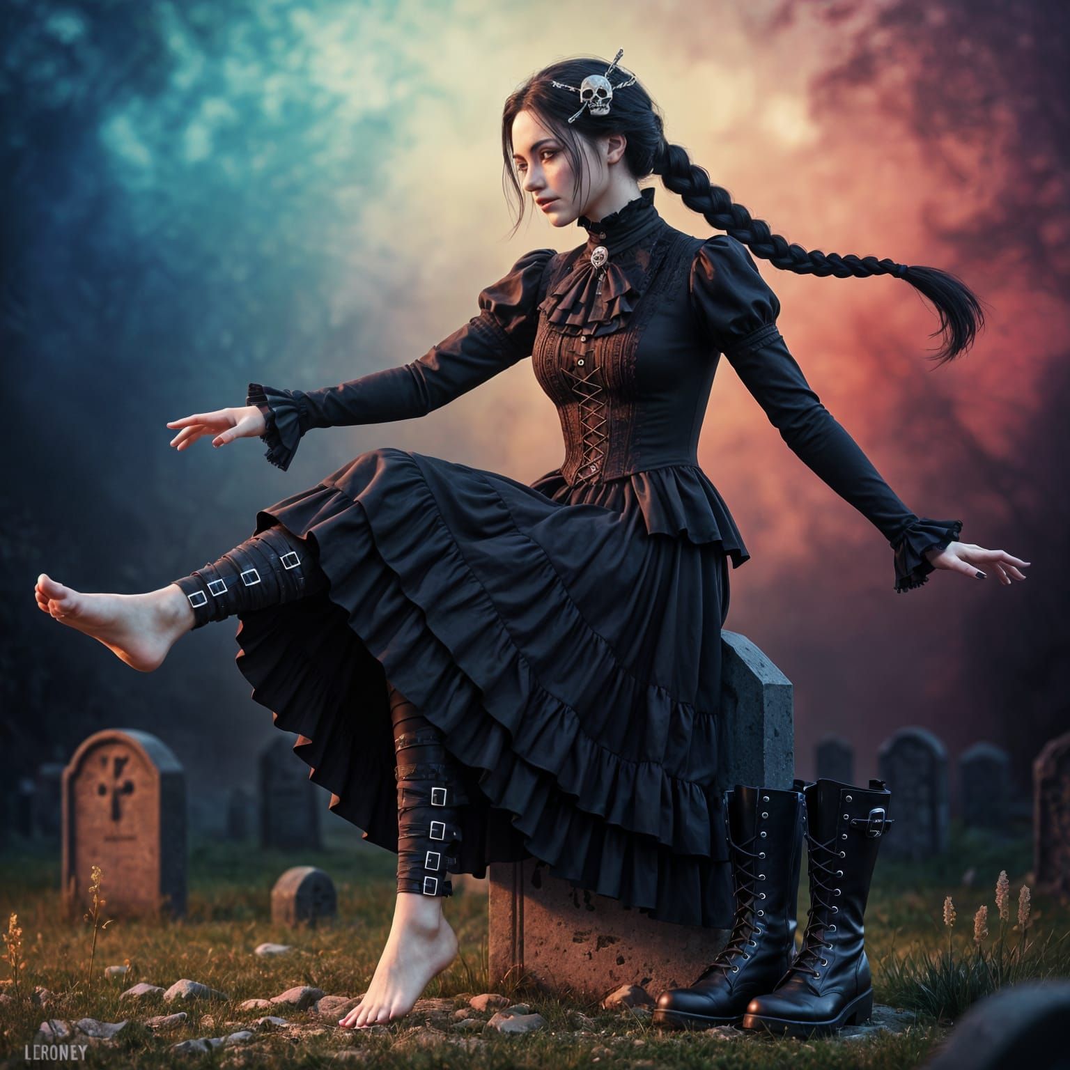 Playful Goth Woman in Cemetery: Hyperrealistic Portrait