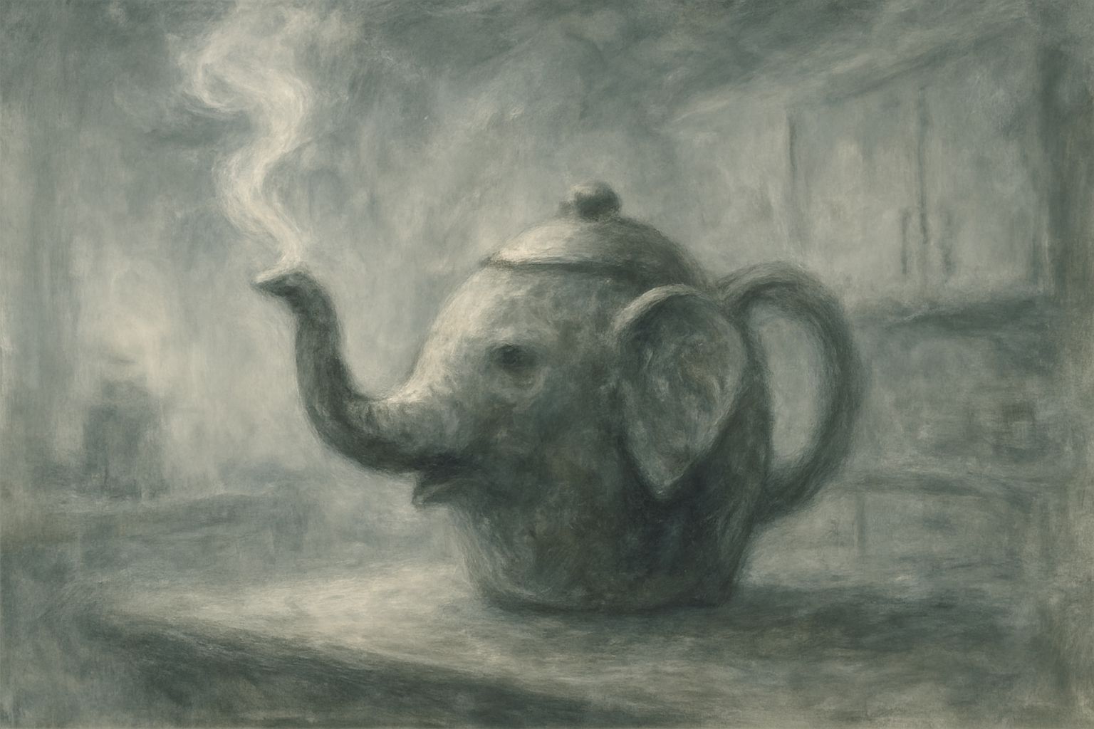 Ambiguous Teapot Elephant In Misty Kitchen