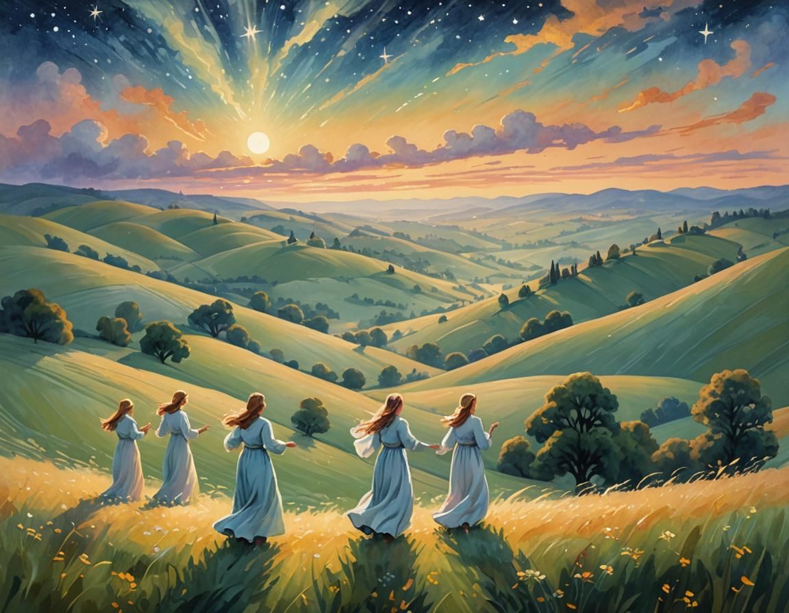 Angelic Choir in Ethereal Gouache Landscape