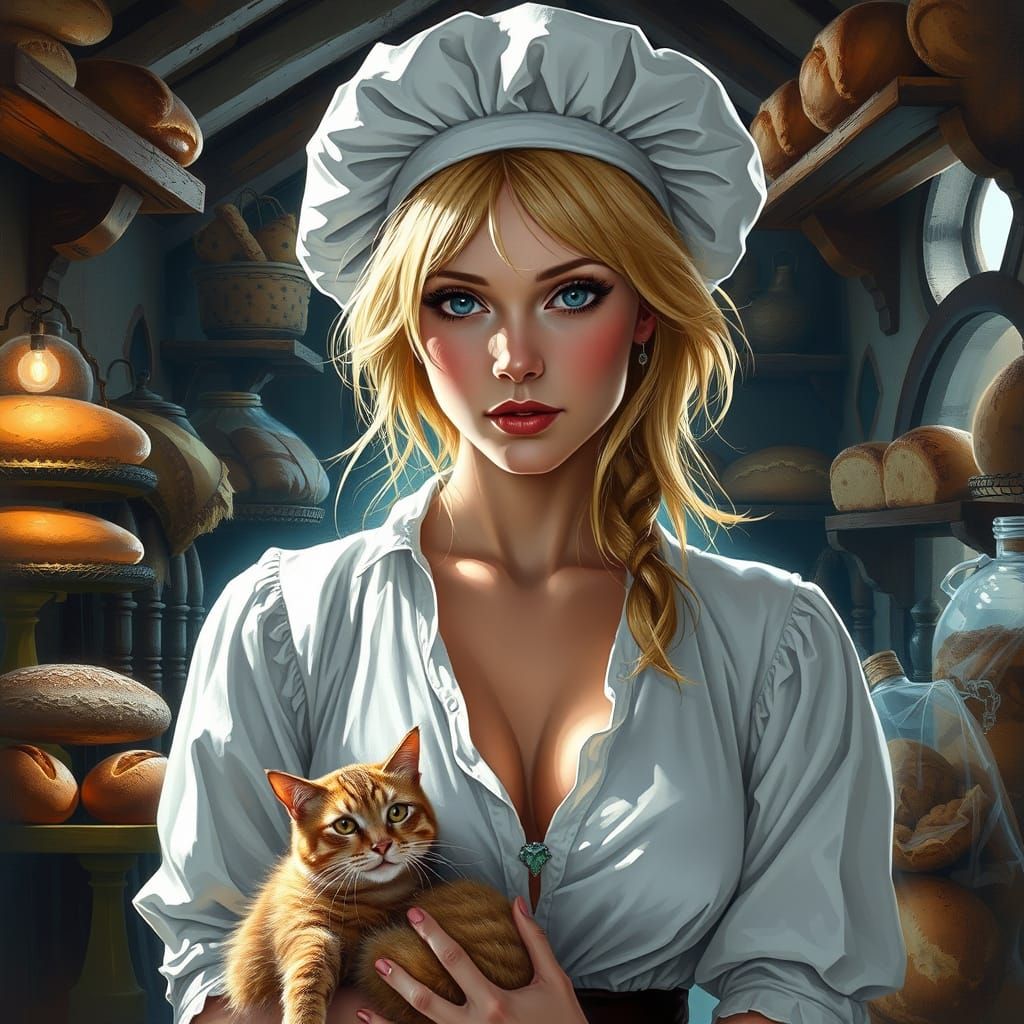 Wild Blond Baker and Cat in Medieval Bakery