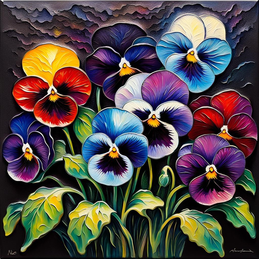 Enameled Metal Pansies: Abstract Expressionist Wall Art