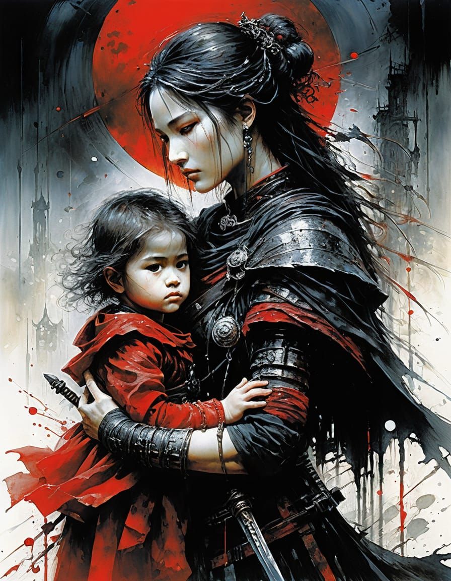 Red and Black Mother and Child Abstract Art