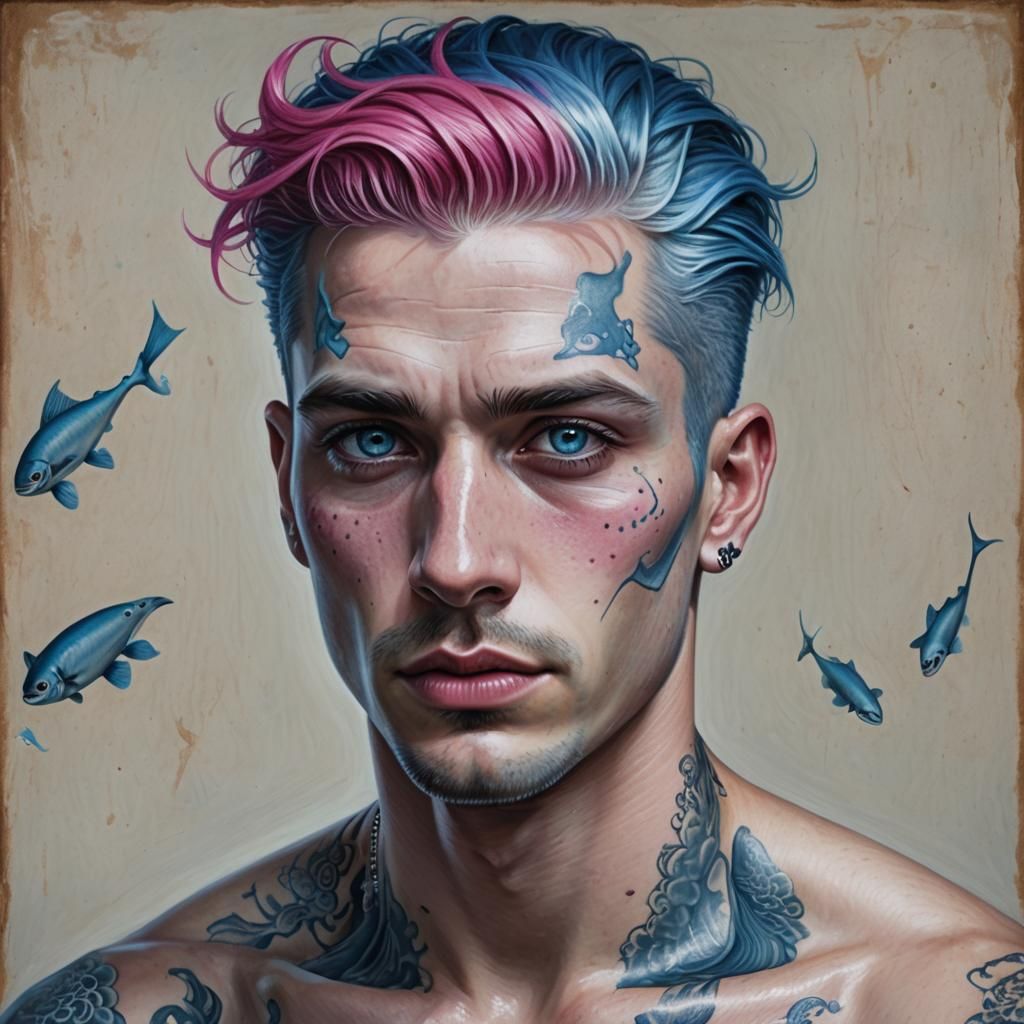 Hyperrealistic Portrait of Aquatic Man with Pink Hair