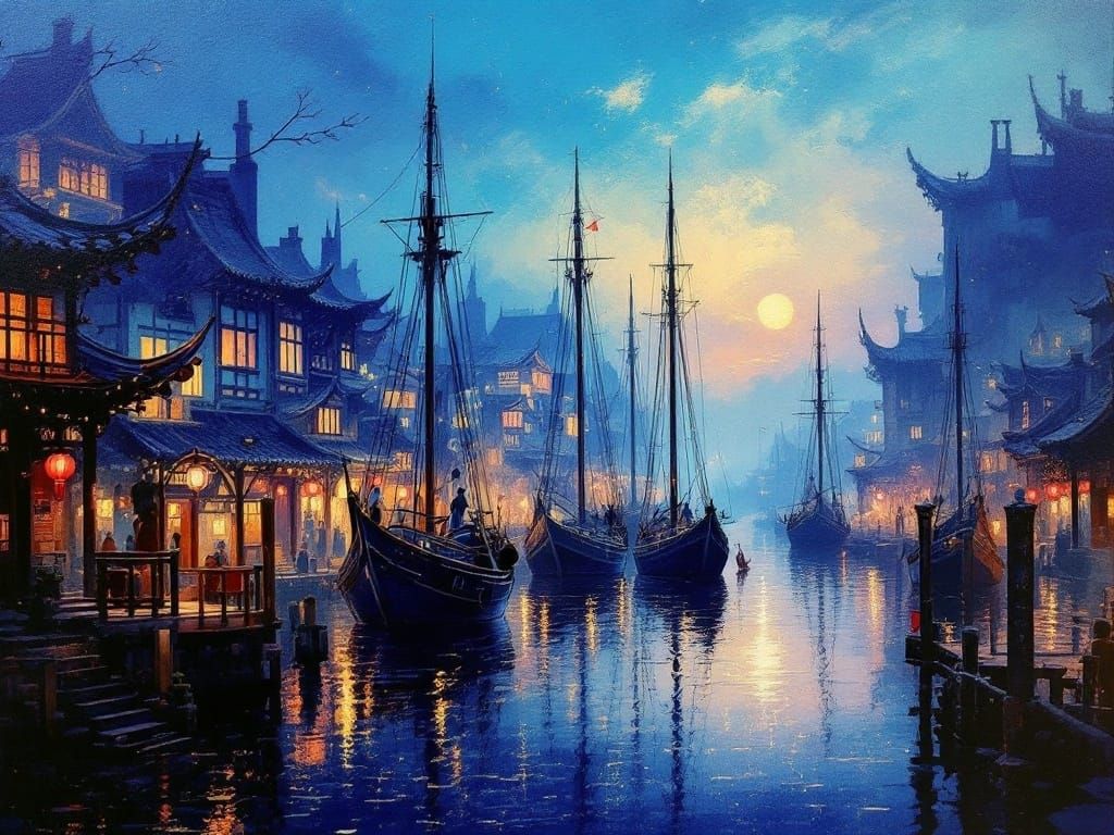 Chinese Harbor at Midnight in Impressionist Style