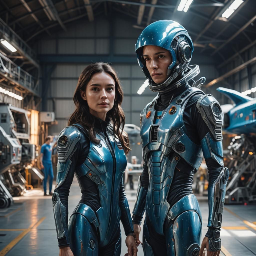 Alien and Astronaut in Hangar: Hyperrealistic Splash Art
