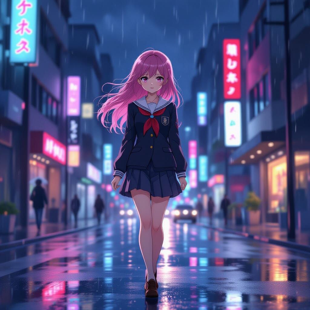 Anime Girl Walks Through Neon City at Night