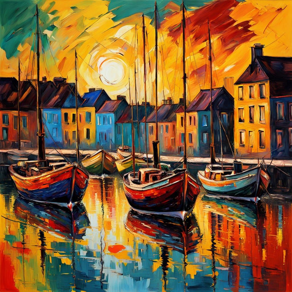 Vibrant Harbour Sunset in Expressive Impasto Oil Painting