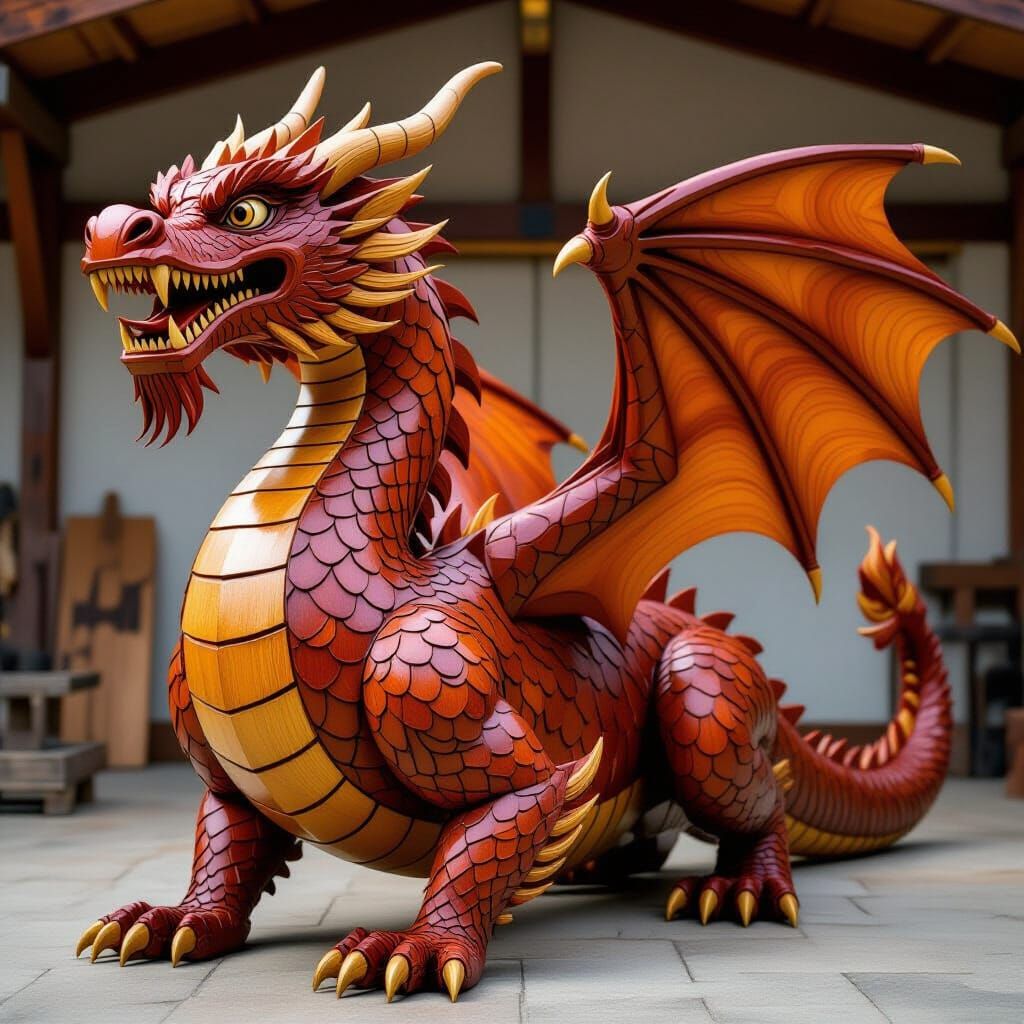 An intricately carved smooth organic-looking wooden dragon, ...