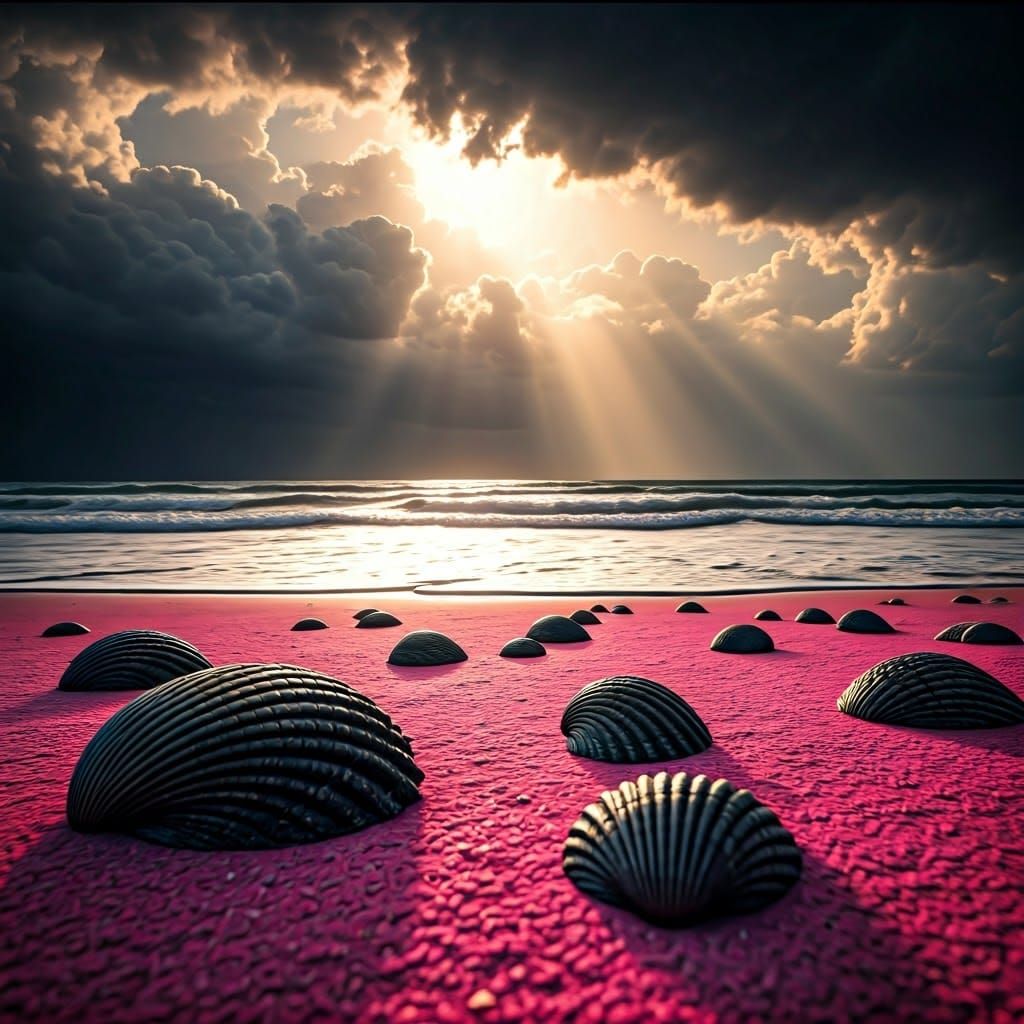 Surreal Stormy Seascape with Black Seashells and Vibrant Pin...
