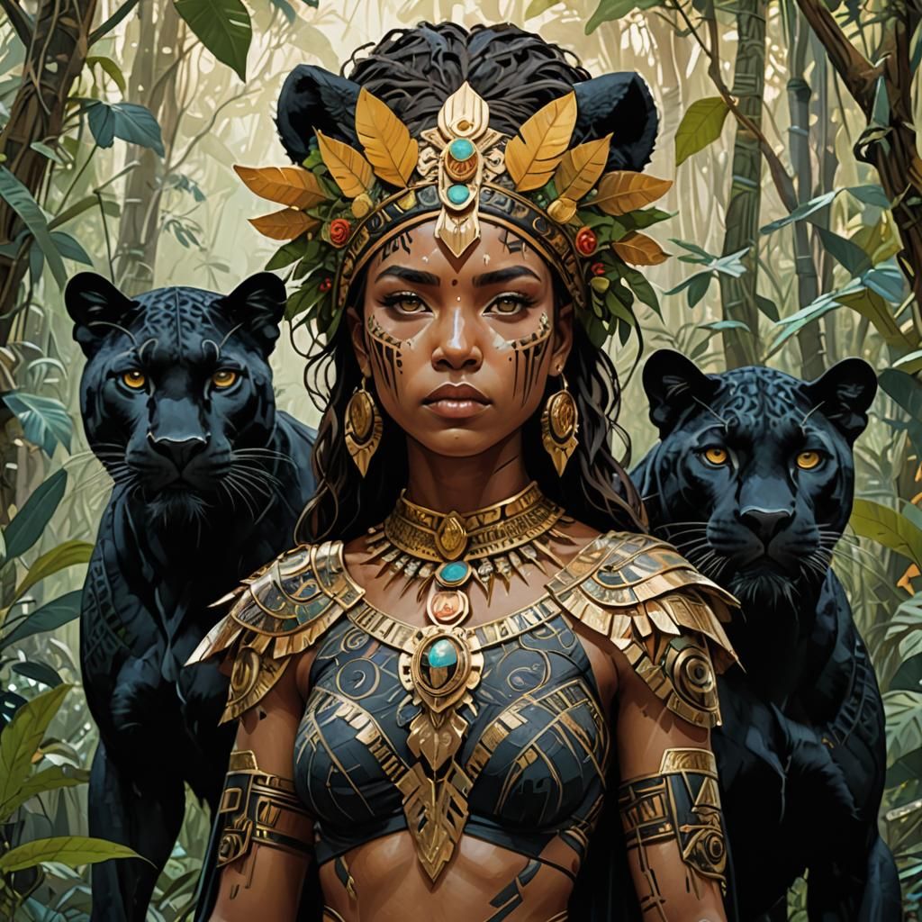 Aztec Woman Warrior with Panther Head in Jungle