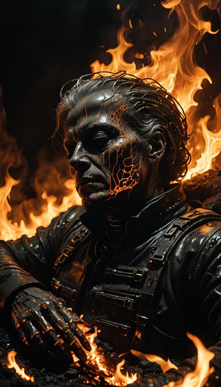 Figure Asleep in Flames: Dark Cinematic Still