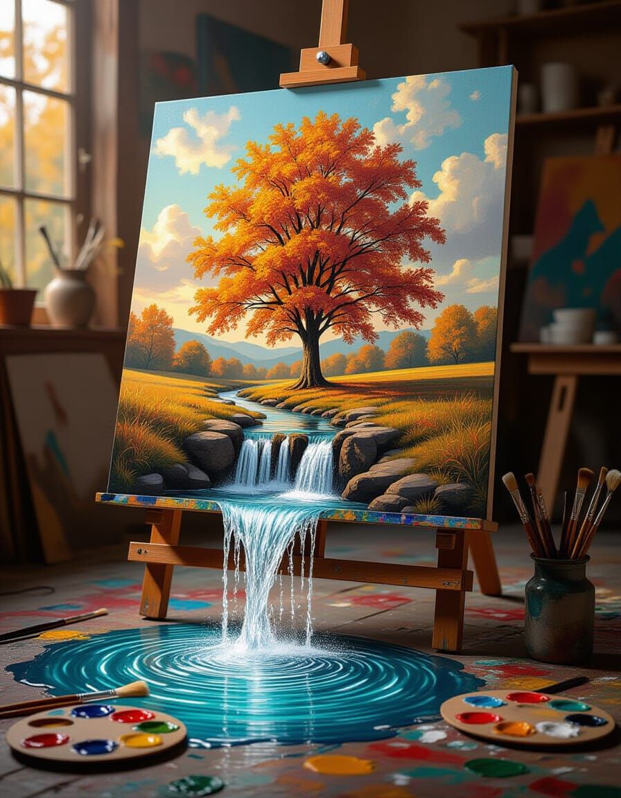 Autumn Tree Waterfall Painting Surreal Realism
