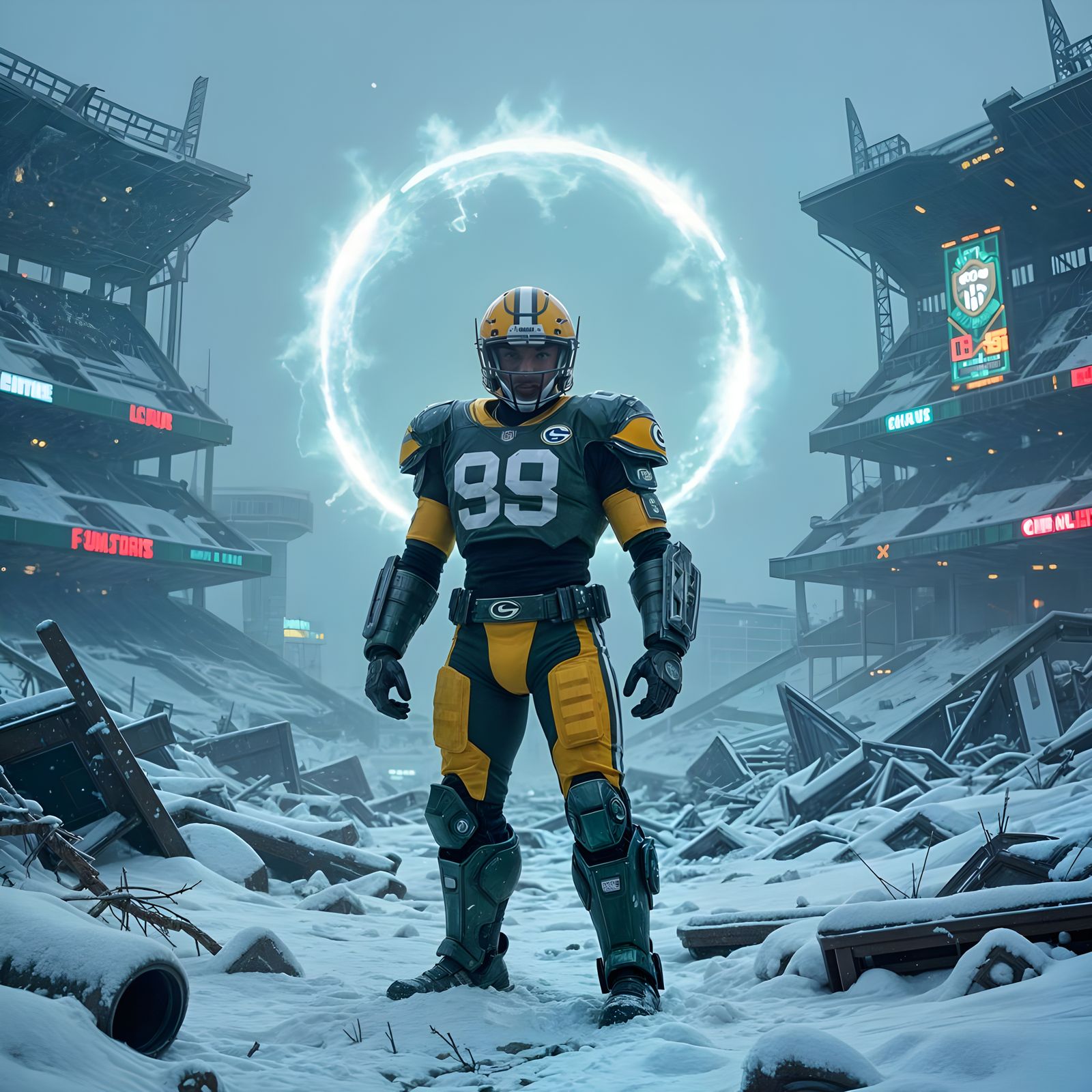 Cyberpunk Green Bay Packers Linebacker in Desolate Stadium
