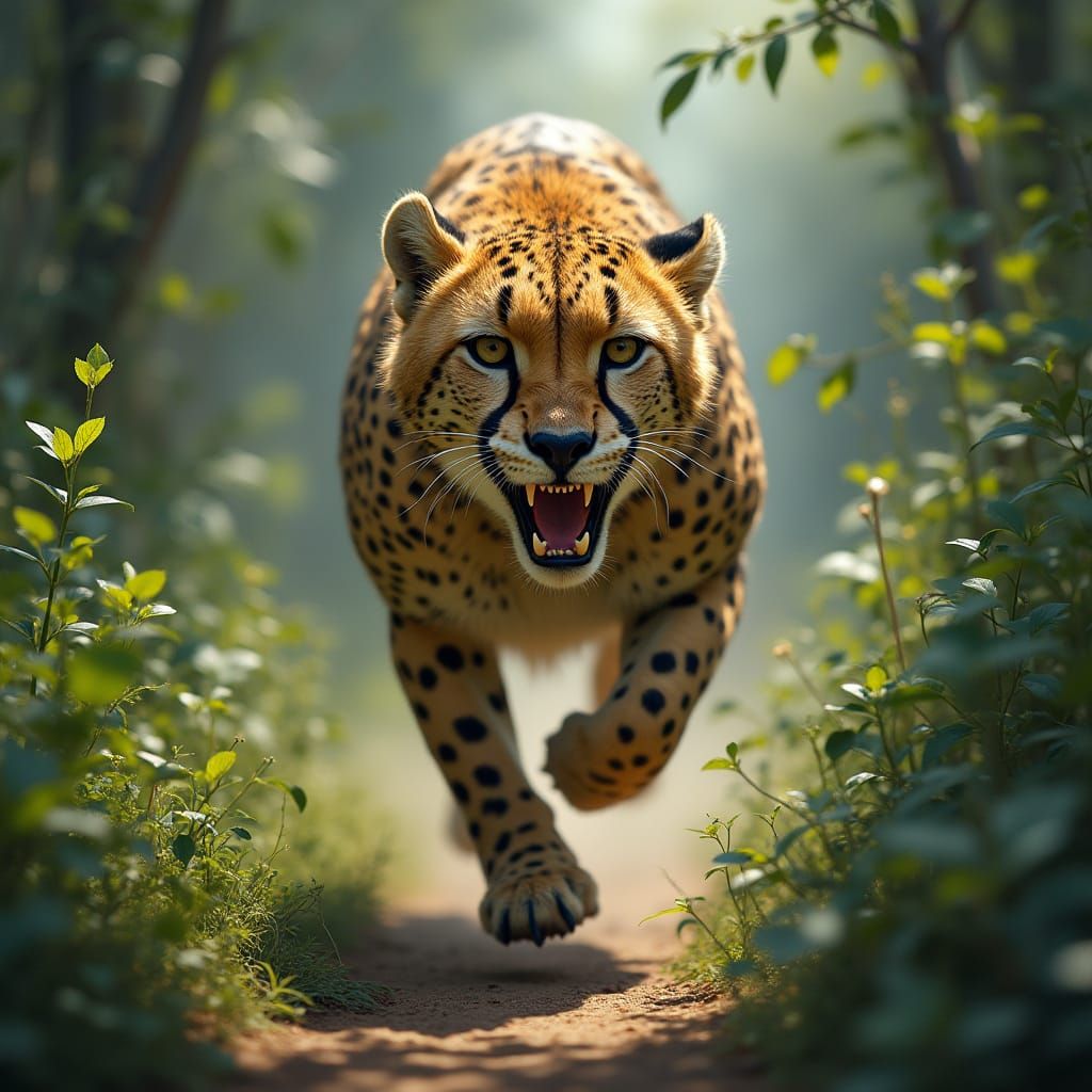 Cheetah Sprinting Through Jungle, Hyperrealistic Photograph