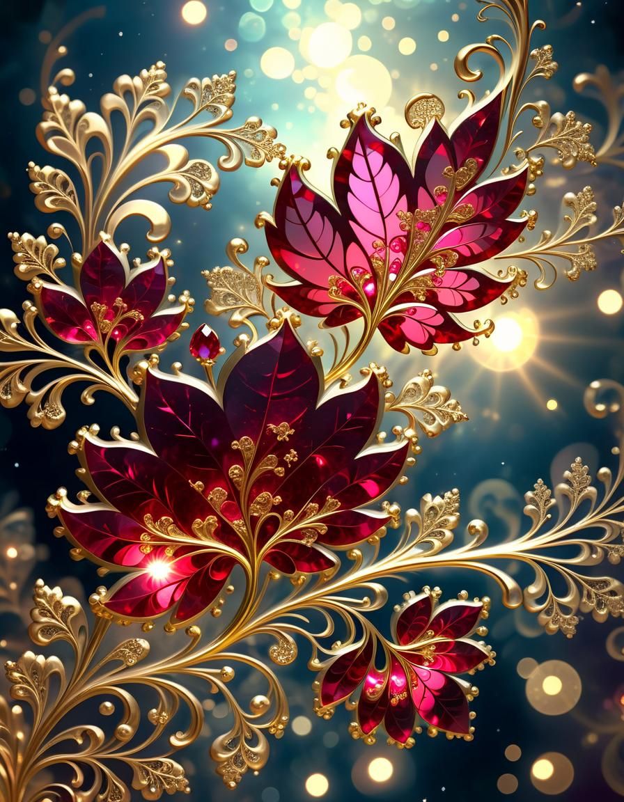 Ethereal Fractal Design with Rubies and Gold