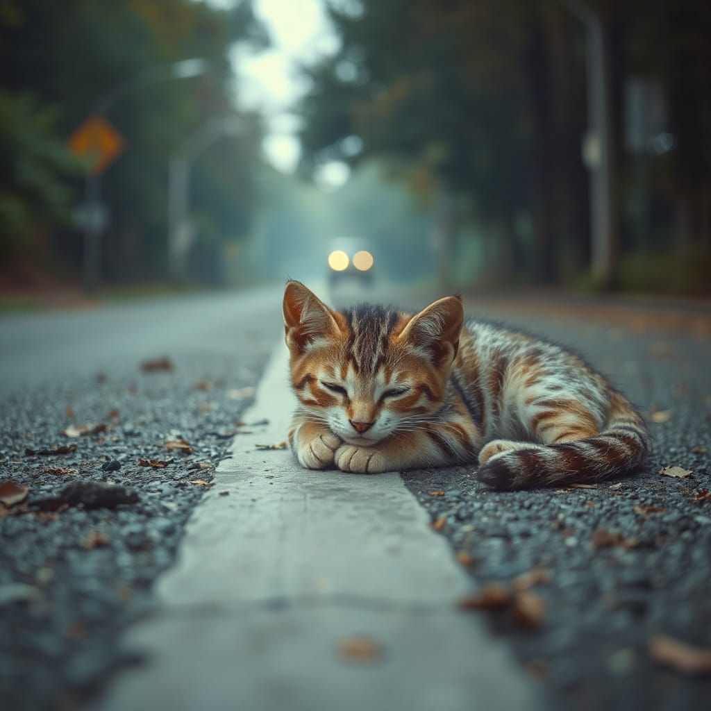Epic Cinematic Kitten Slumbers on Deserted Road in Stunning ...