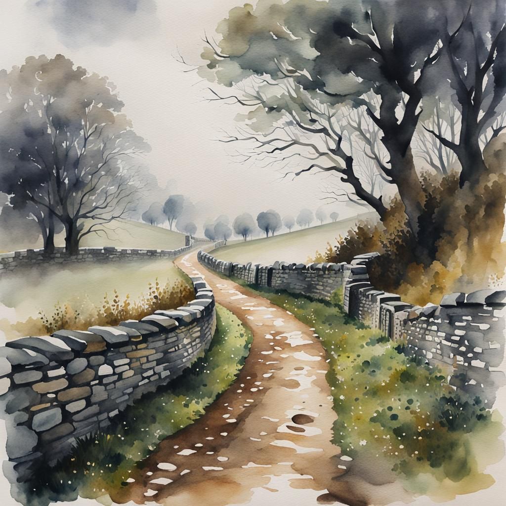Moody English Footpath: Watercolor Countryside Scene