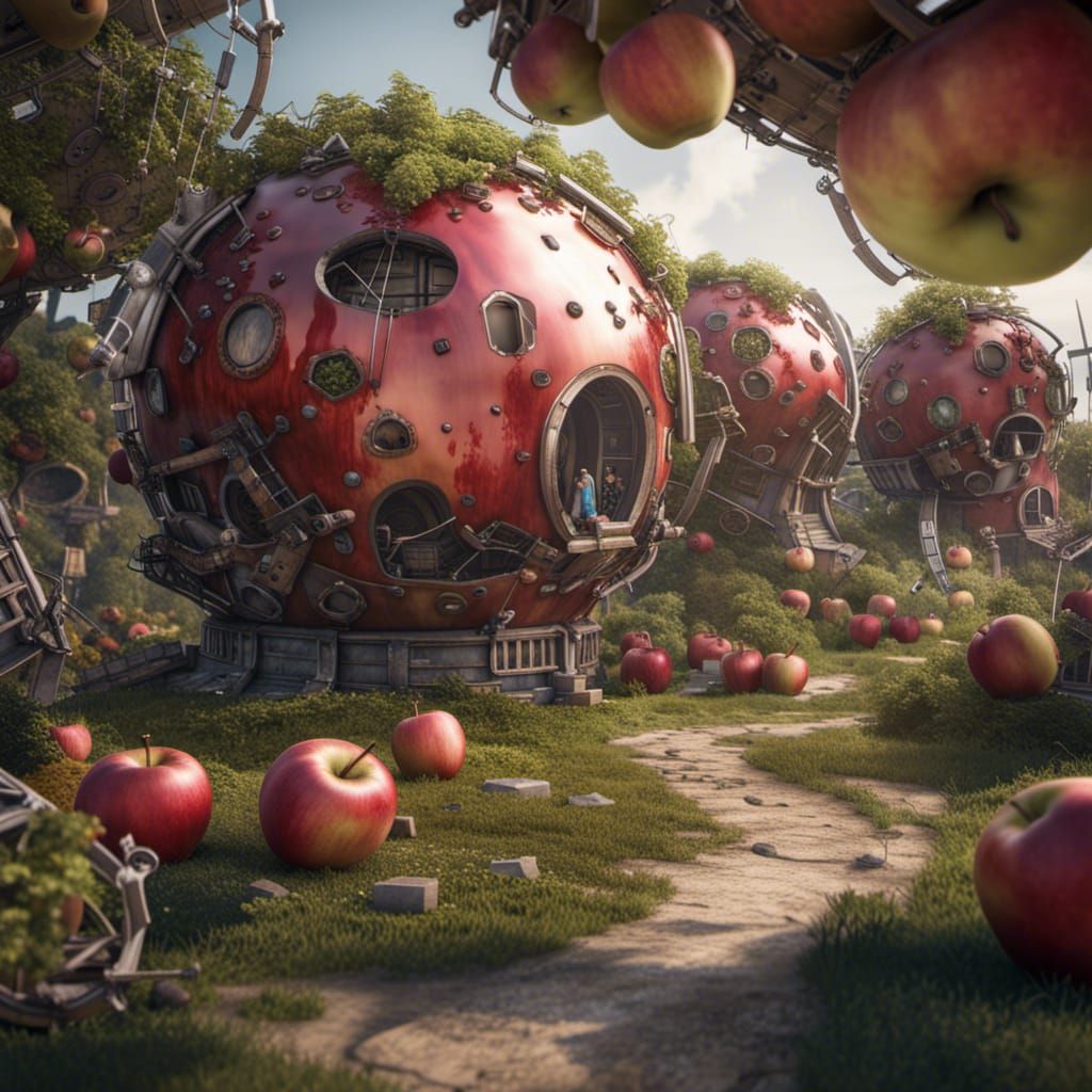 Intricate Sci-Fi Apple Village in Digital Art