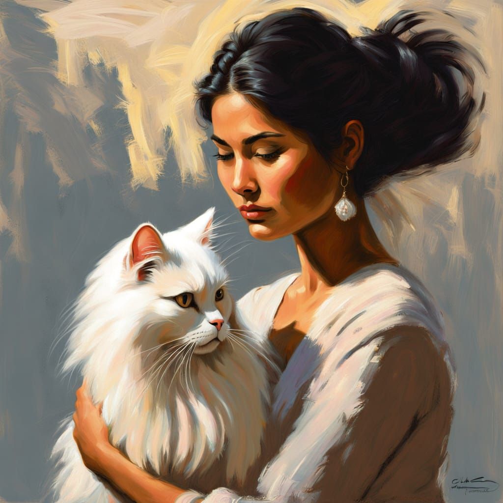Asian Woman Admires Fluffy White Persian Cat in Chiaroscuro ...