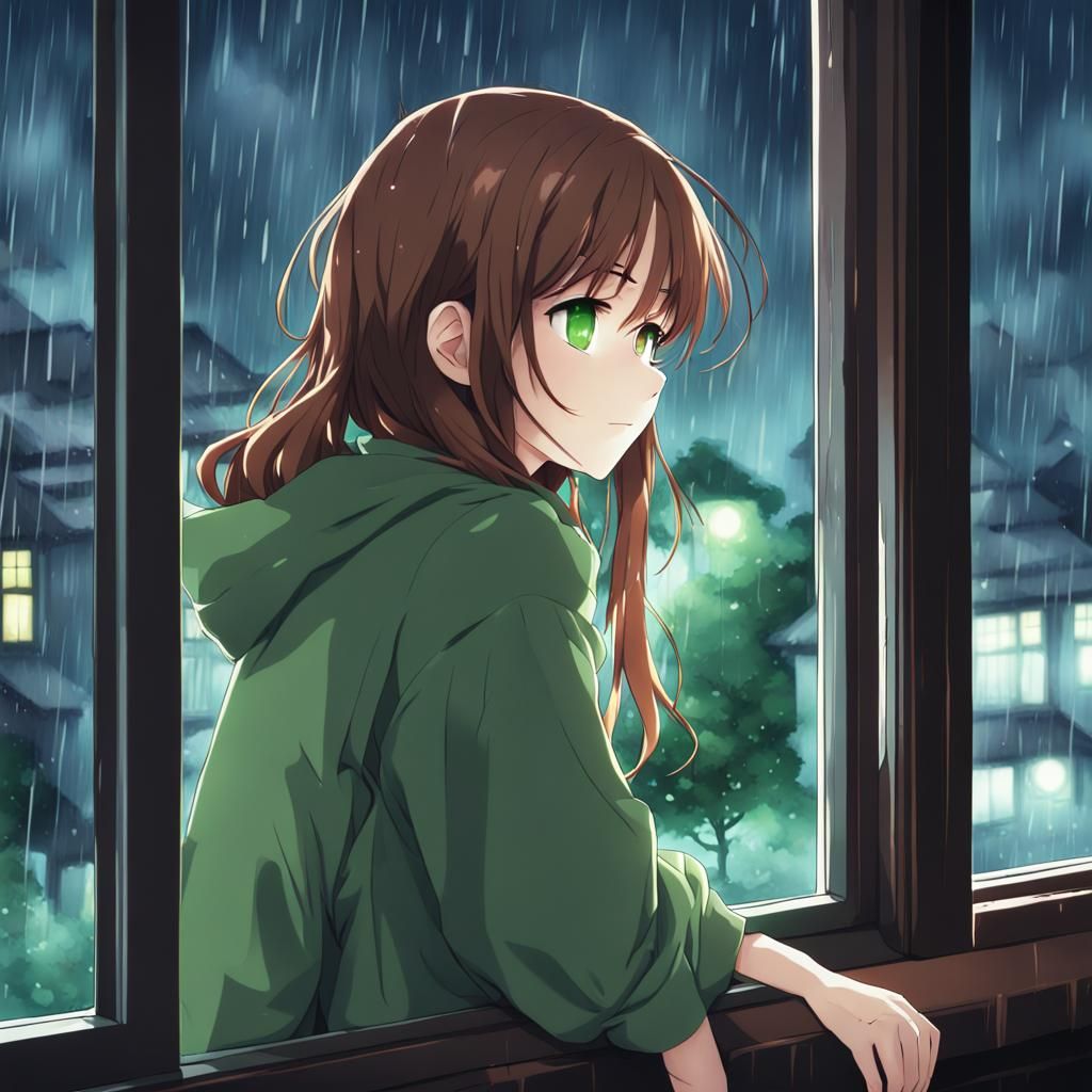Anime Girl Gazing Out Window on Rainy Night