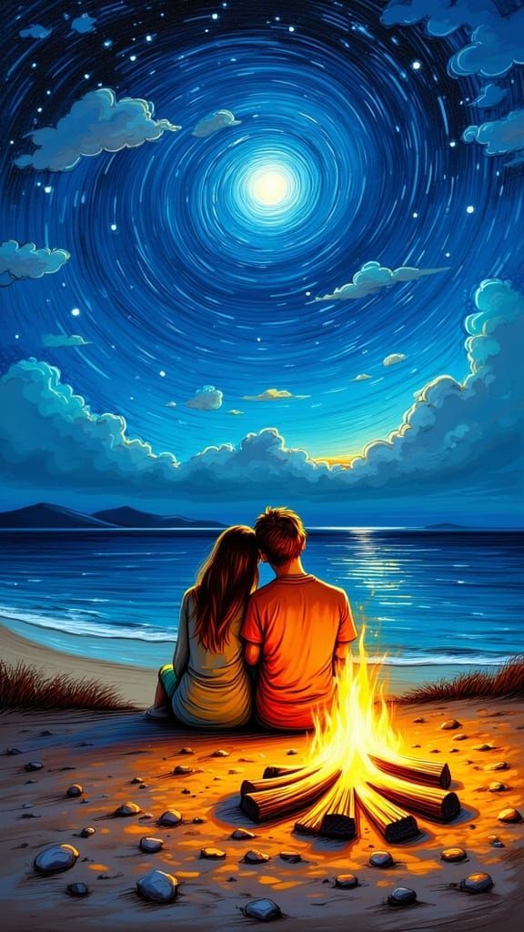 Couple by Bonfire on Beach in Van Gogh Style