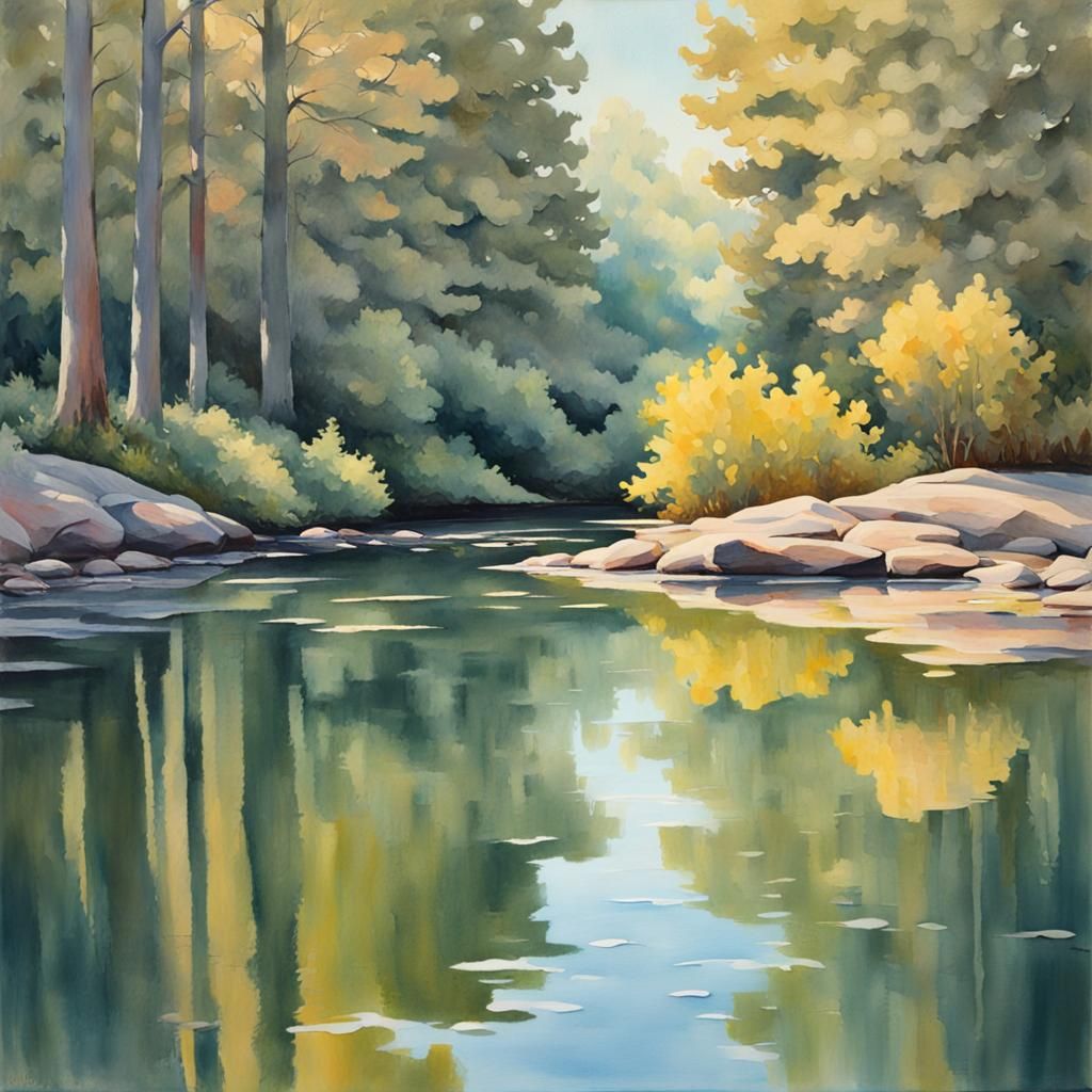 Nature's Reflections in Gouache Style: Tranquil Water Art