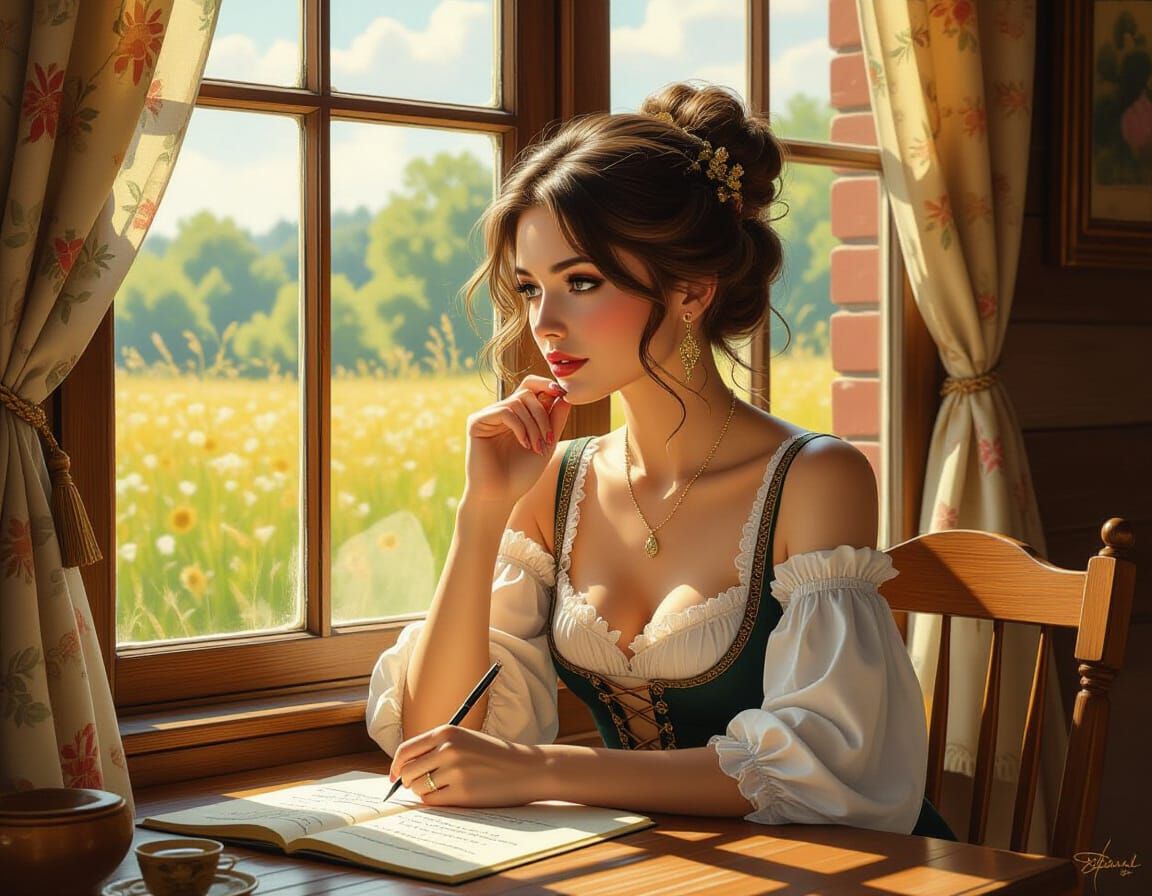 Woman Writing Poetry in Hyperrealistic Style