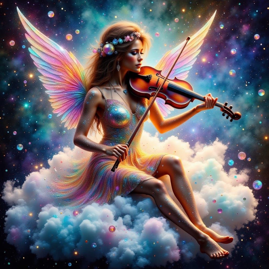 Cracked Glass Angel Plays Violin on Rainbow