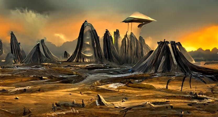 Science Fantasy Alien Landscape in Lamin Martin Style