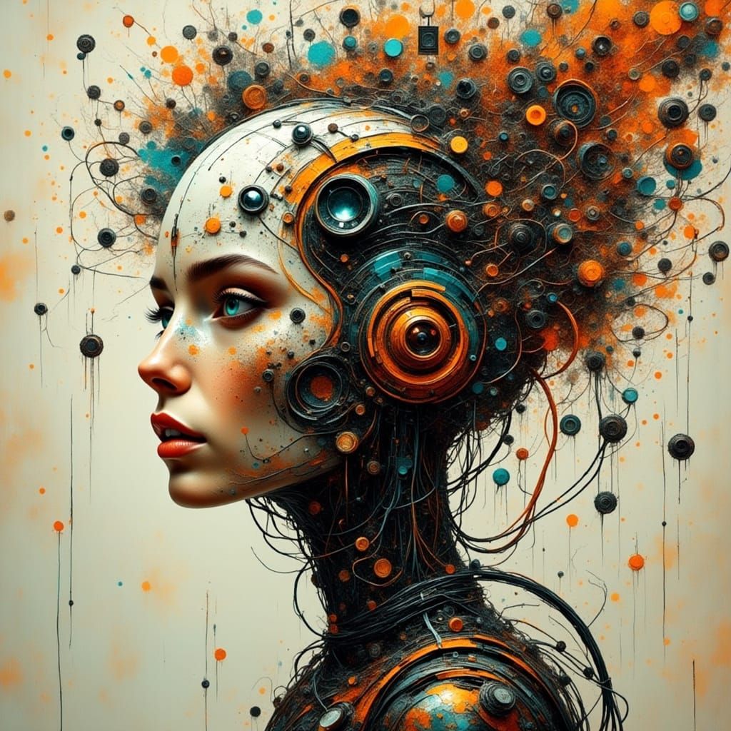 Cyborg Head in Neon Explosion