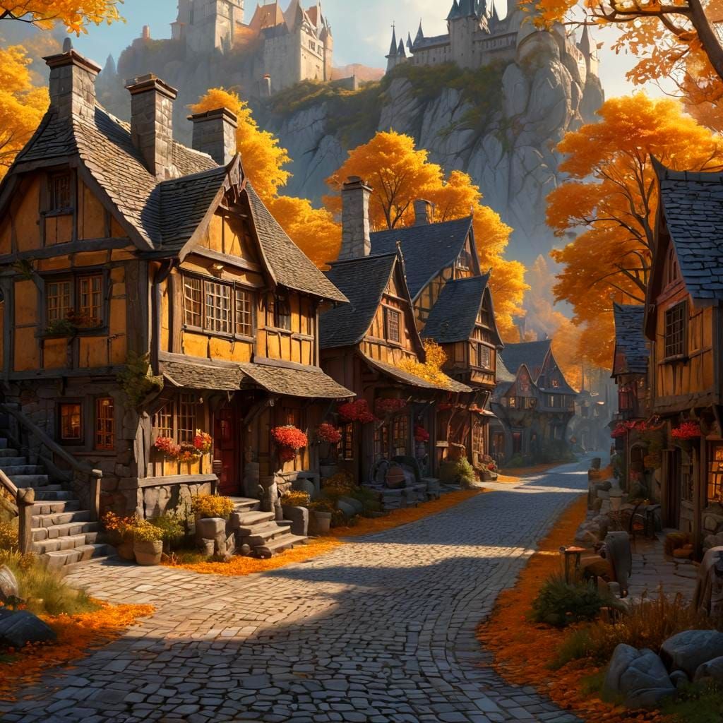 Fantasy Village with Autumnal Colors and Distant Castle