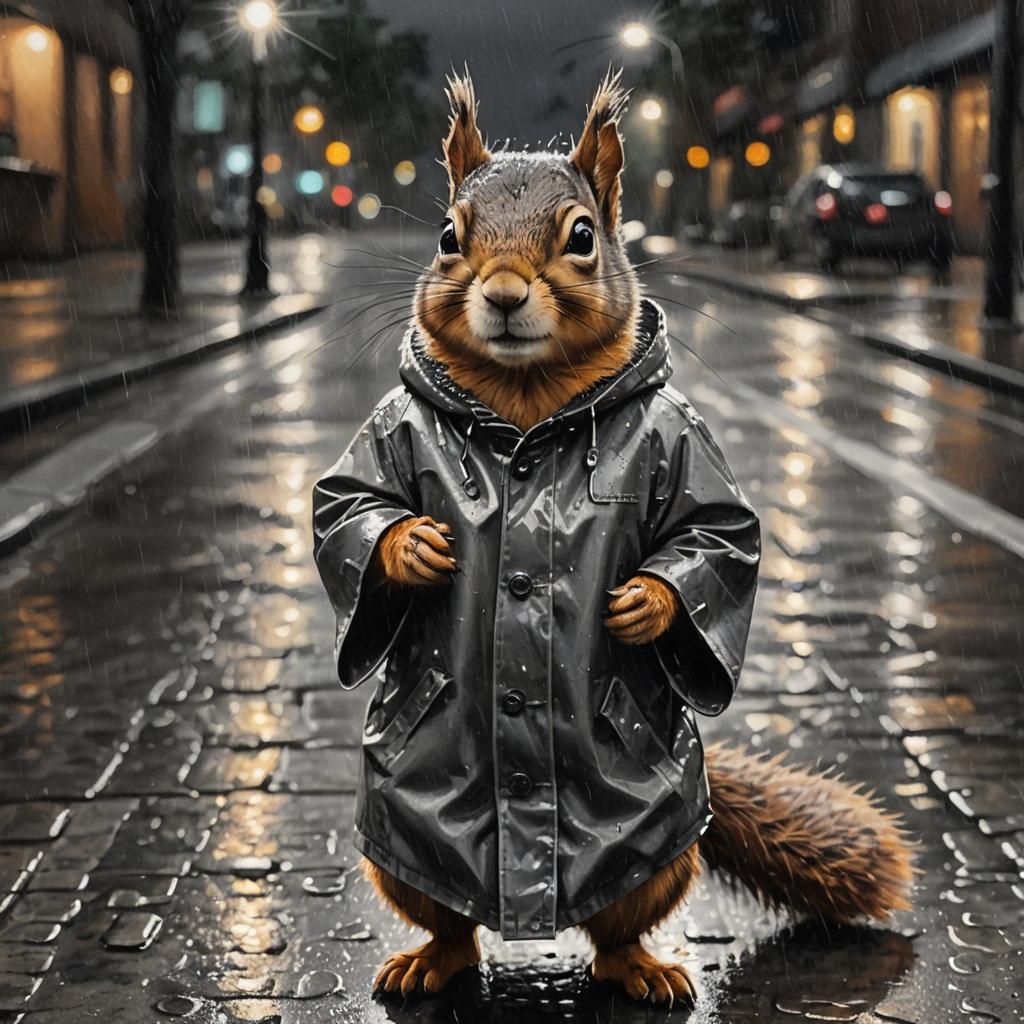 Squirrel in Raincoat: Charcoal Drawing with Chiaroscuro