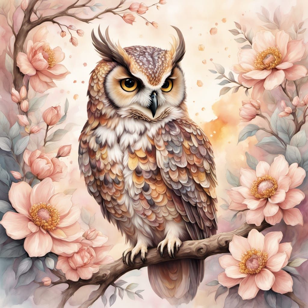 Stately Owl on a Blooming Branch in Whimsical Watercolor Sty...