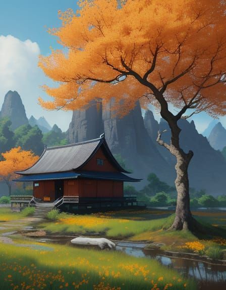 Surreal Sumi-e Landscape with Farmer and Blossom Trees