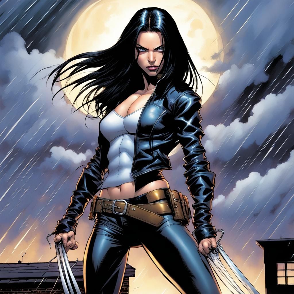 X-23 on Rooftop in Stormy Night: Comic Book Art