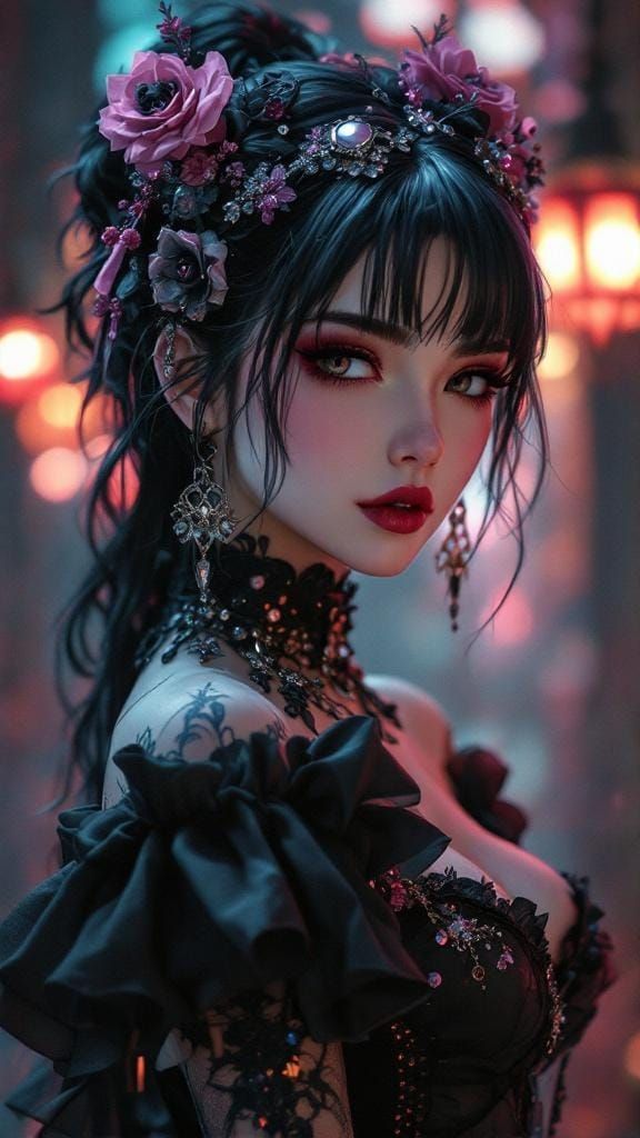 Cute Gothic Woman Portrait in 3D Anime Art Style