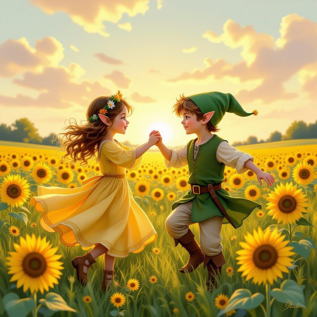 Elf Children Dancing in Sunflower Field, Fantasy Art