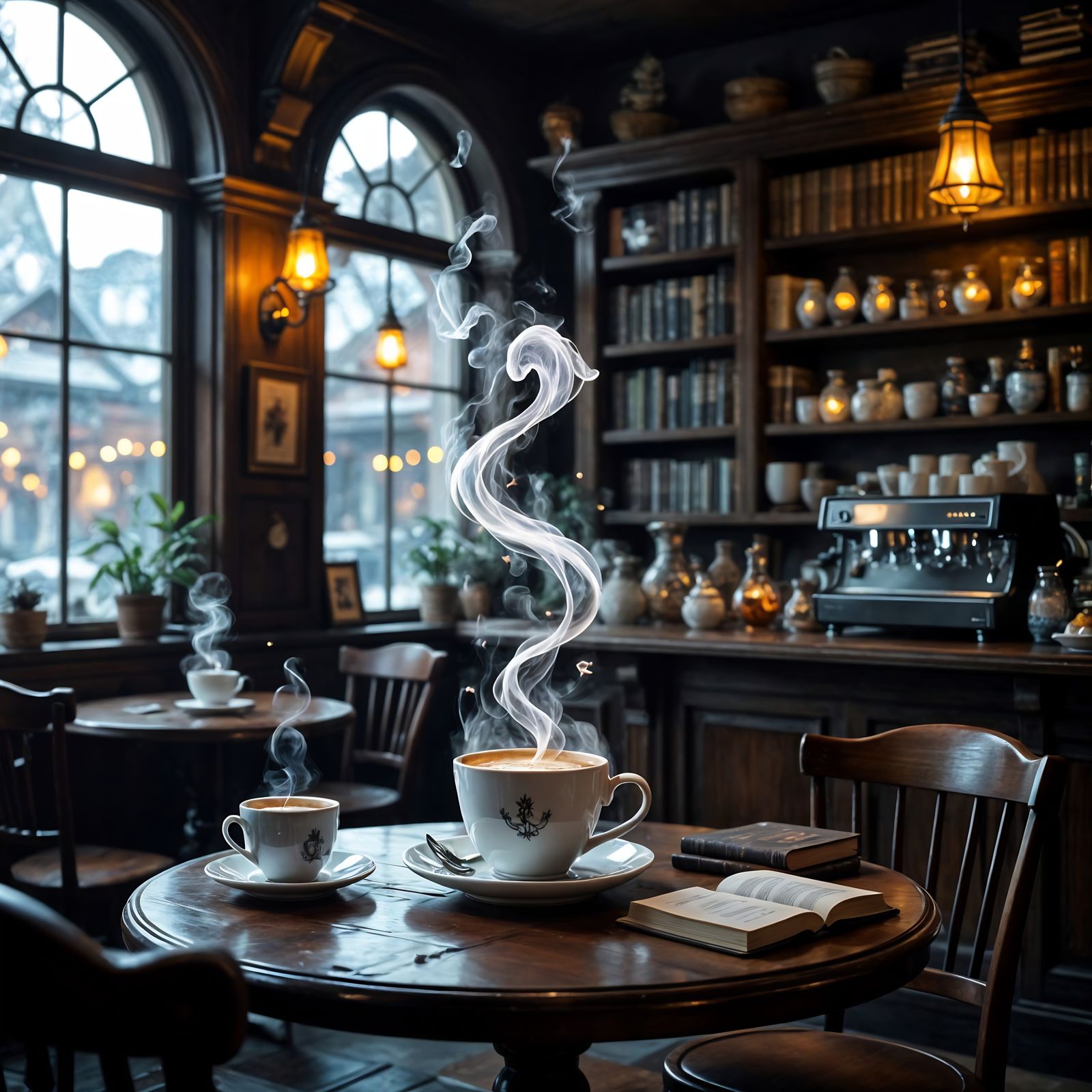 Magical Cafe with Floating Coffee Cups and Enchanted Steam