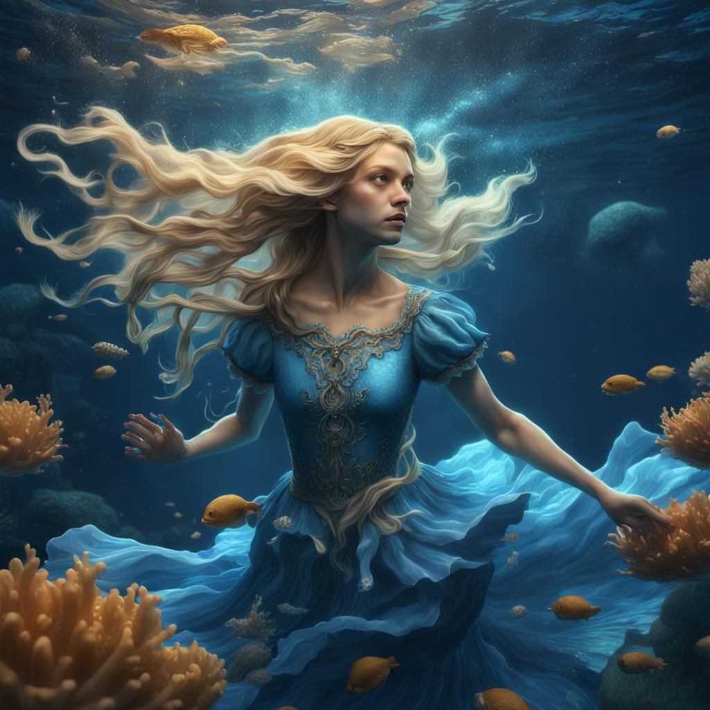 Girl with Blonde Hair Swimming Underwater, Digital Art