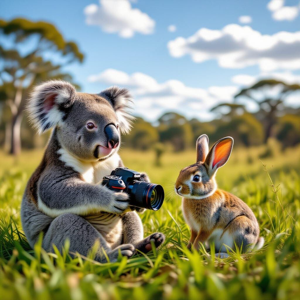 Koala and Rabbit in Savanna Forest, Hyperrealistic Photo