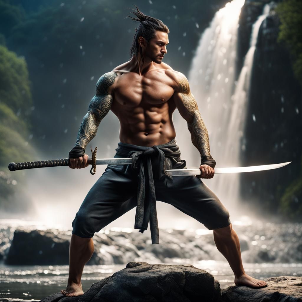 Muscular Swordsman with Dragon Tattoo in Fantasy Landscape
