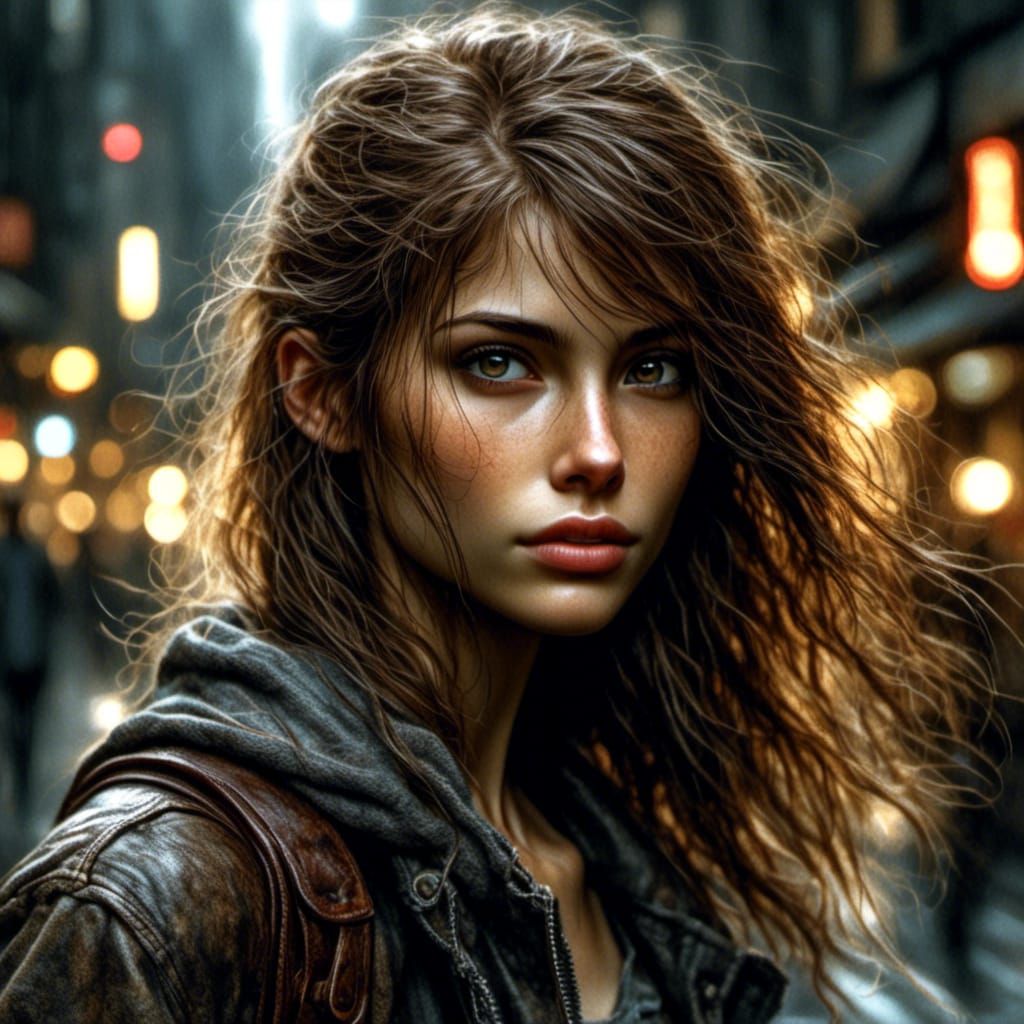 Hyperrealistic Portrait of Woman in City Street