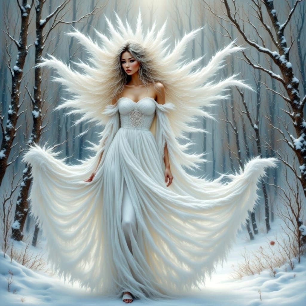 Icy Queen in Winter Forest, Antique Watercolor Style