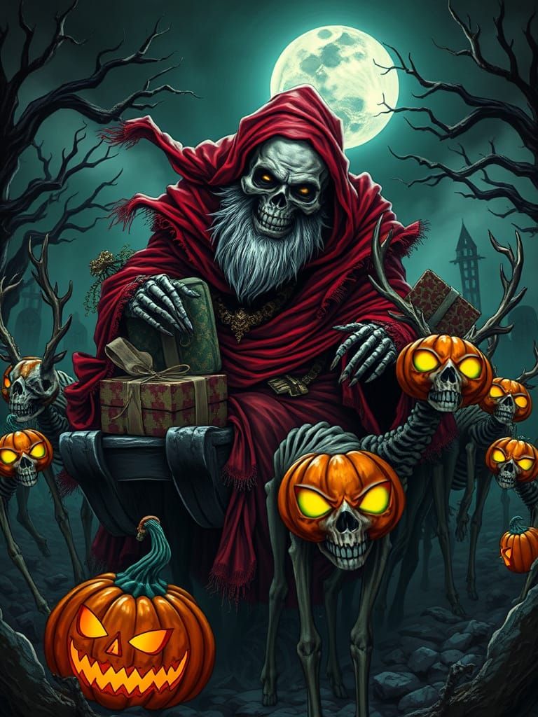 Gothic Skeletal Santa in Moonlit Graveyard