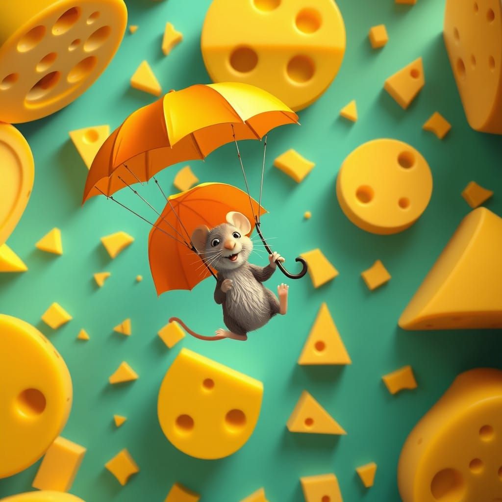 Mouse Descending Among Cheeses in Vibrant 3D Pixar-Style Ima...