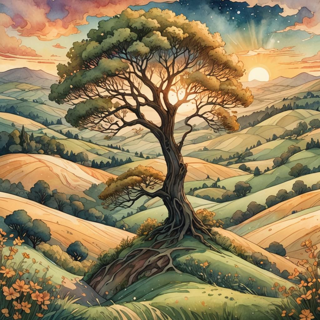 Fantasy Landscape at Sunset: Digital Watercolor Illustration