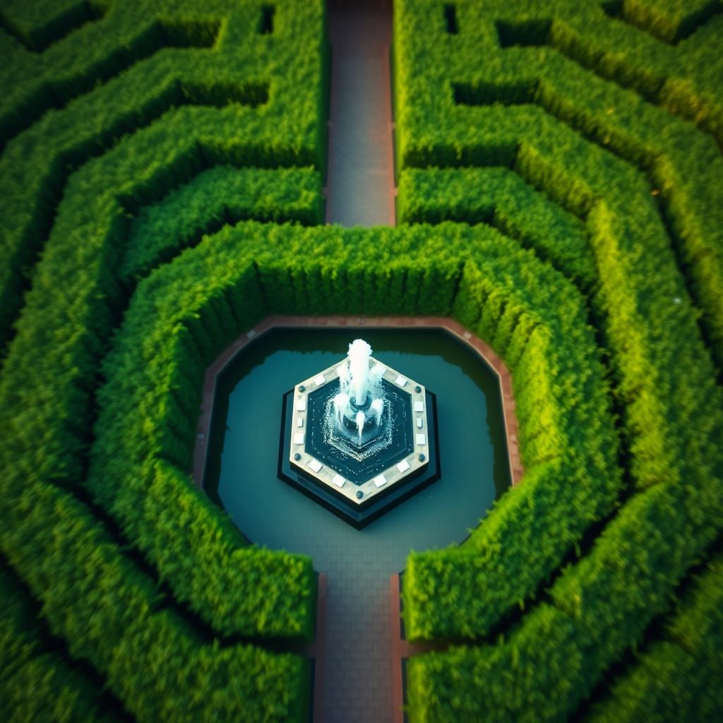 Vibrant Green Labyrinth with Central Fountain in Symmetrical...