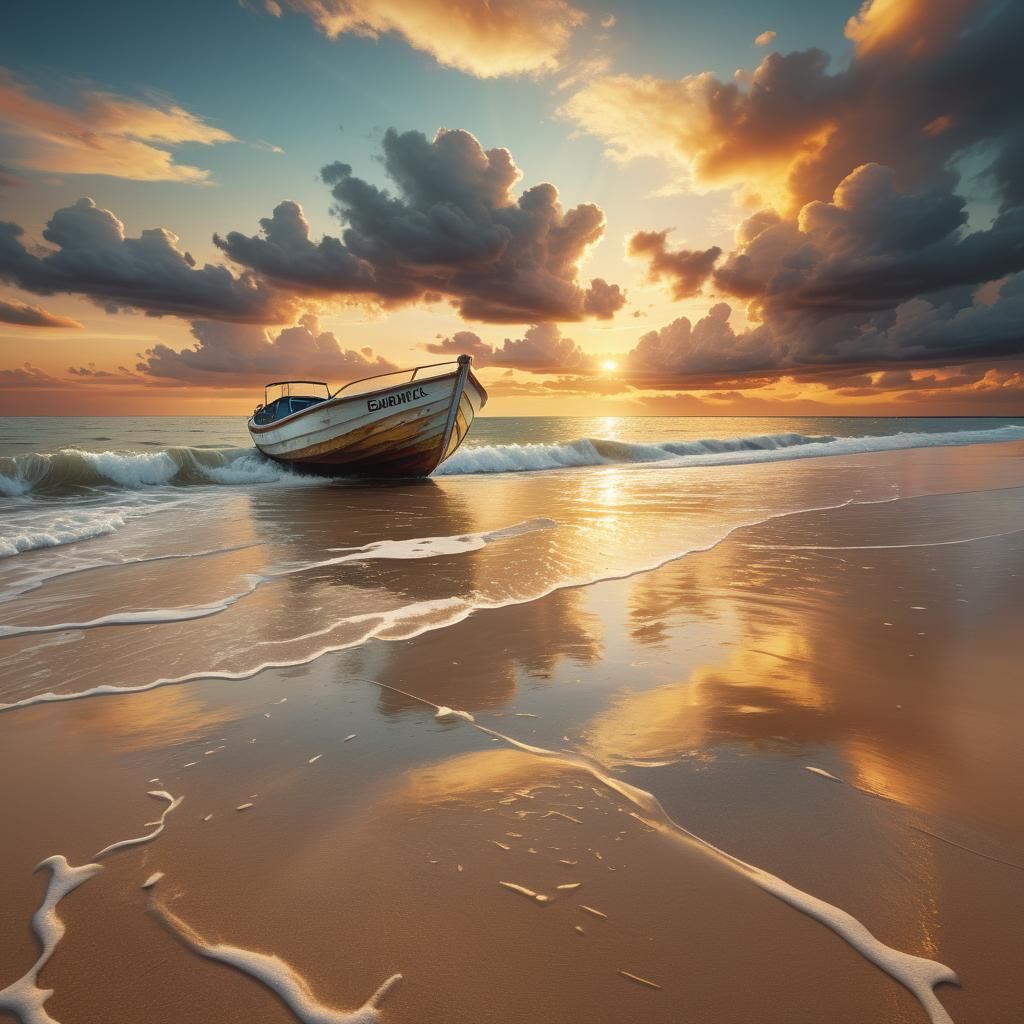 Lone Boat at Sunset: Hyper-Realistic Digital Art